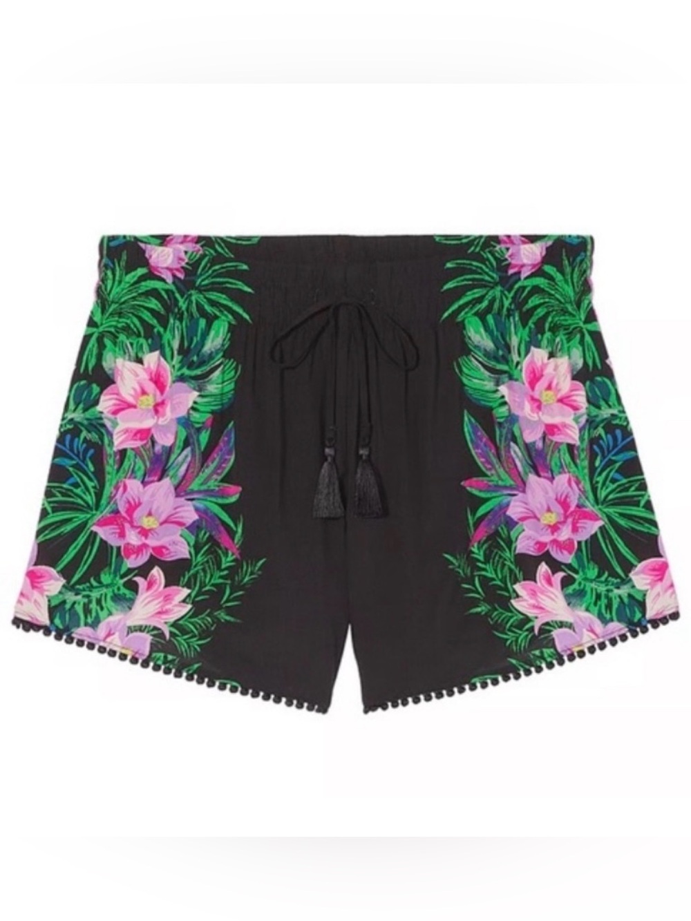 VS Victoria's Secret Black Floral Pom Pom Swim Beach Cover Up Shorts Size Medium